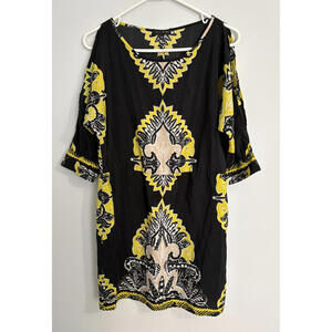 VTG Glam Womens Loose Fitting Tunic Black Yellow Baroque Damask Print Boho